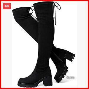 Over the Knee Boots 3 Inch Chunky Heel Platform Side Zipper Suede